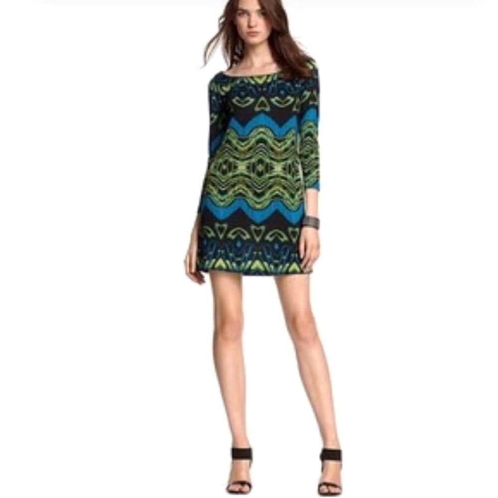 DIANE VON FURSTENBERG Silk Tacita Shift Dress Blue Green Black DVF Sz 10
